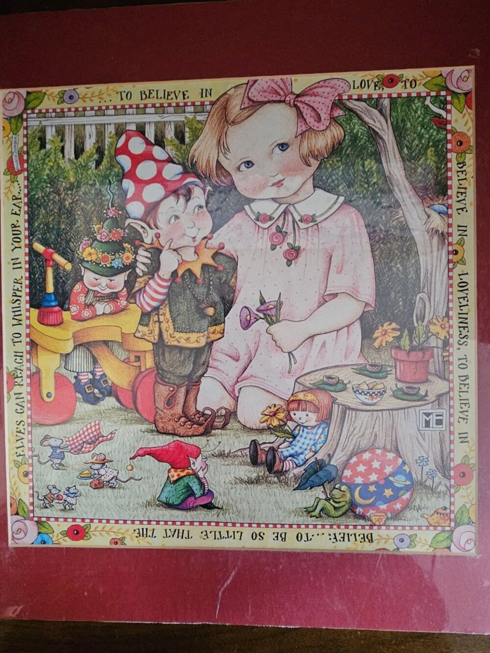 Vintage Mary Engelbreit Art Print Matted 16x16" To Believe in Love Elves Gnomes - Picture 2 of 9